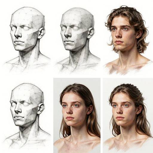 Digital collage: Four grayscale pencil sketches of bald male heads and four colored portraits of a serious, long-haired, light-skinned young woman.