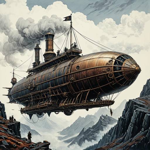 Steampunk Airship Flying Over Mountains