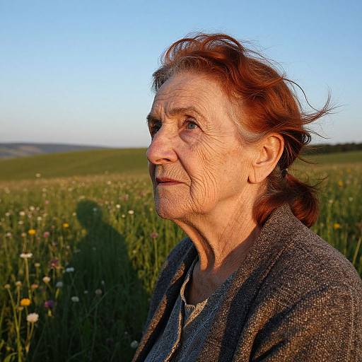 Photograph of an elderly woman with wrinkled skin, red hair, and brown jacket, standing in a sunlit meadow with wildflowers.