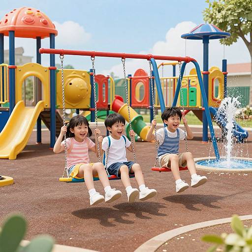 Photograph of three Asian children, two boys and a girl, laughing and swinging on colorful playground equipment with splashing water.