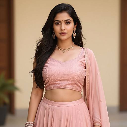 Photograph of an attractive Indian woman with long black hair, wearing a pink traditional outfit with a crop top and flowing skirt, adorned with gold jewelry,