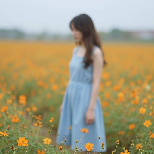Photograph of a blurred, long-haired woman in a light blue dress standing in a vibrant orange wildflower field.