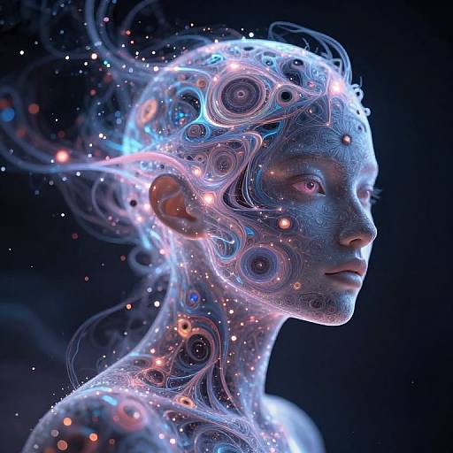 Digital CGI of a glowing, ethereal female face with intricate, bioluminescent circular patterns and swirling blue and purple lights against a dark background.