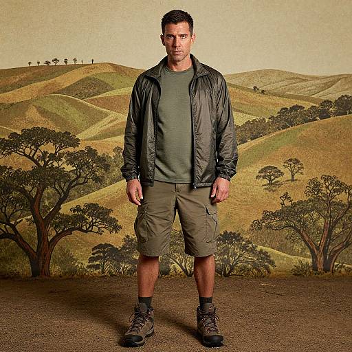 Man in Hiking Gear on Rolling Hills