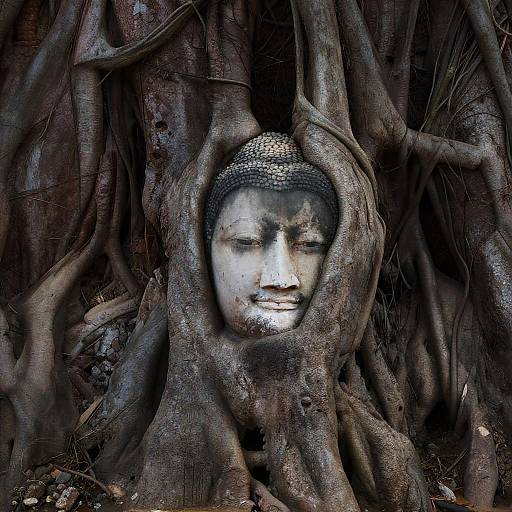 Serene Buddha Face in Tree Roots