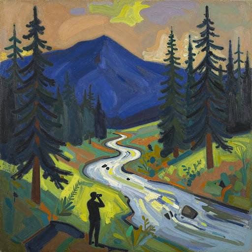 Abstract Mountain Landscape with Bird Watchers