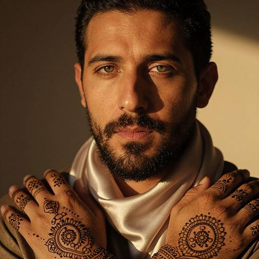 Photograph of a bearded man with dark hair, brown eyes, and intricate henna designs on his hands, wearing a white scarf, against a