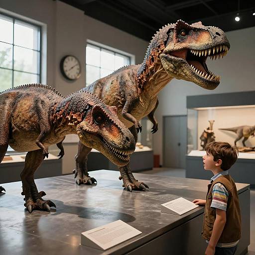 Young Boy Observing Realistic Dinosaur Models in Museum
