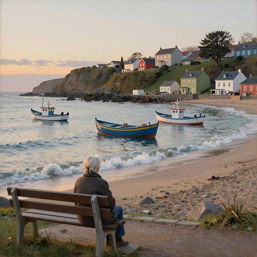 Elderly Woman Sitting by Coastal Town Shore