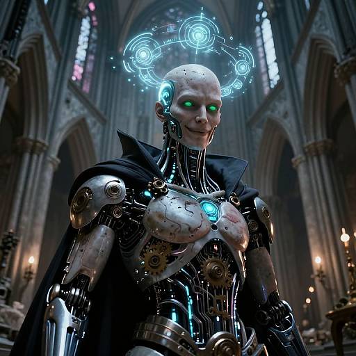 CGI image of a cybernetic humanoid with glowing green eyes, metallic chest, and blue energy halo in a dark, gothic cathedral.