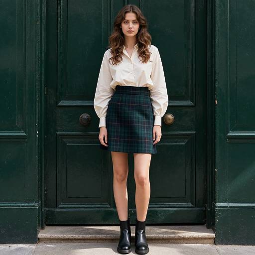 Photograph of a young woman with wavy brown hair, wearing a white blouse, dark green plaid skirt, black boots, standing in front of