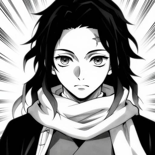 Black-and-white manga-style drawing of a serious young person with messy black hair, large expressive eyes, and a white scarf. Background features dynamic radial lines