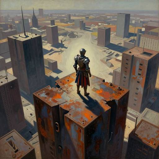 Digital painting of a robotic figure in dark armor standing on a rusty, sunlit rooftop, overlooking a sprawling, shadowed cityscape.