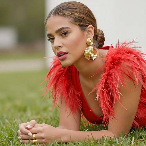 Woman in Red Feathered Top and Gold Earrings