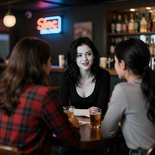 Three Women Chatting in Dimly Lit Bar