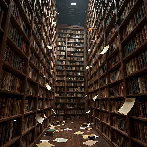 Photograph of a dimly lit, expansive library with towering bookshelves, books, and papers flying through the air, creating a chaotic yet magical