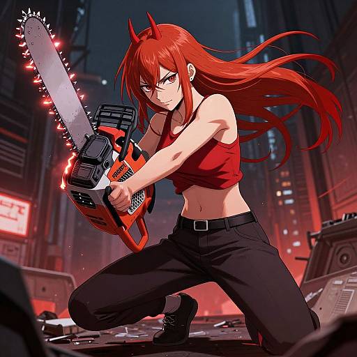 Digital anime-style drawing of a red-haired demon girl with horns, wearing a red crop top and black pants, wielding a glowing chainsaw in a neon