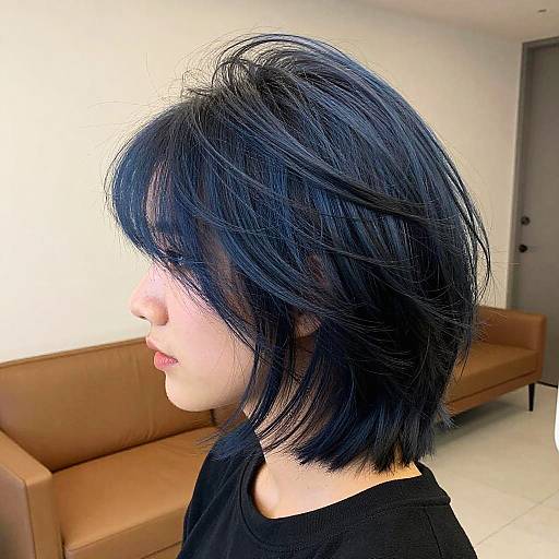 Photograph of an Asian woman with short, black, layered hair in profile, wearing a black top, in a bright room with a tan leather couch