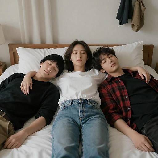Cozy Trio Relaxing on a Bed