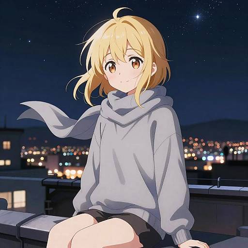 Blonde Anime Character on Rooftop Night