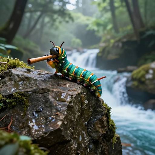 Vibrant green and yellow caterpillar with antennae and a wooden stick, perched on mossy rock, in front of a cascading forest