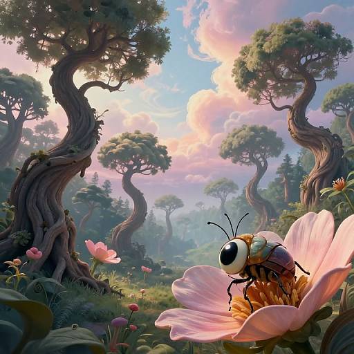 Fantastical forest scene with a whimsical, large-headed bee on a giant pink flower, surrounded by twisted trees and pastel clouds. Digital art