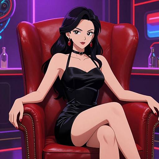Digital anime-style illustration of a beautiful woman with long black hair, wearing a black strapless mini dress and choker, seated in a red leather arm
