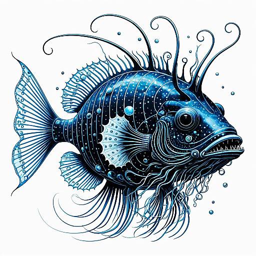 Retro-futuristic Blueprint of Bioluminescent Deep-Sea Anglerfish