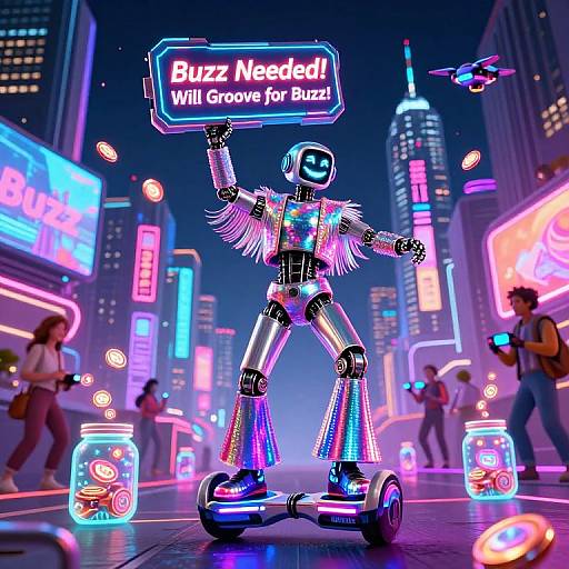 Neon-lit cityscape: robotic dancer with glowing outfit and helmet rides hoverboard, holding 