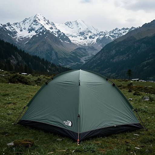 Photograph of a gray and black tent set in a grassy mountain meadow with snow-capped peaks in the background under an overcast sky.