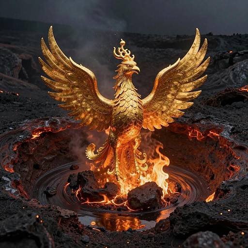 Golden Phoenix Rising in Volcanic Crater