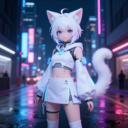 Digital anime-style artwork of a white-haired, blue-eyed, catgirl with white fur ears and tail, wearing a futuristic white crop top and skirt,