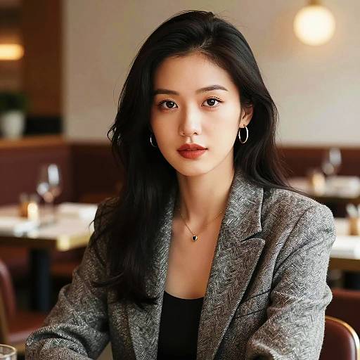 Confident woman in stylish blazer at restaurant