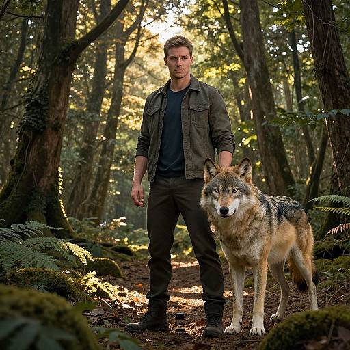 Man and Regal Wolf in Enchanted Forest