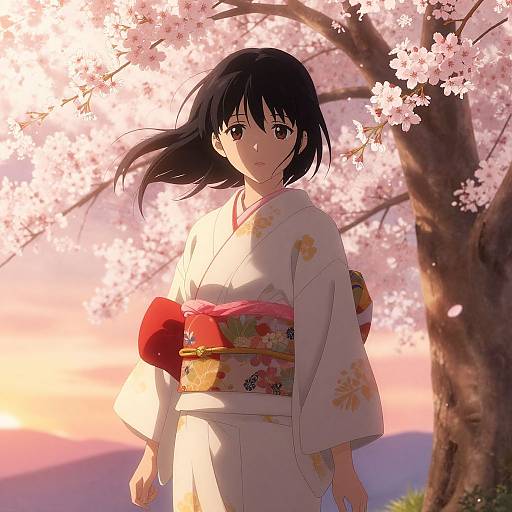 Anime Woman Under Cherry Blossoms