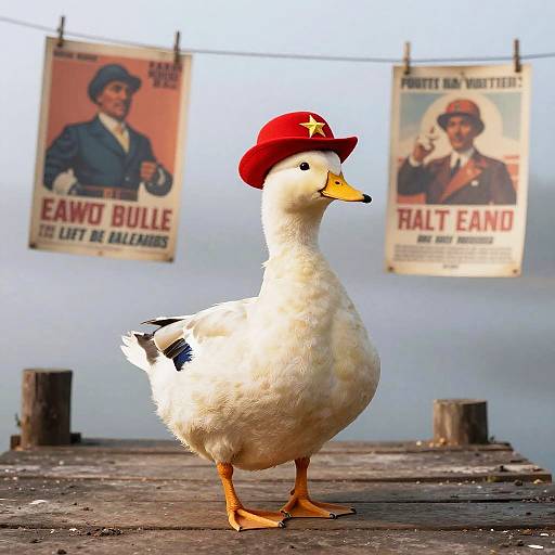 Photograph of a white duck wearing a red hat with a yellow star, standing on a wooden platform with vintage 