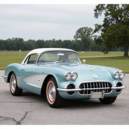 Photograph of a classic light blue 1950s convertible car with red wheels, chrome grille, and white roof, parked on a paved area with