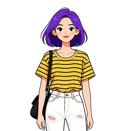 Digital drawing of a cute, smiling young woman with purple hair, wearing a yellow striped shirt, white pants, and a black shoulder bag.