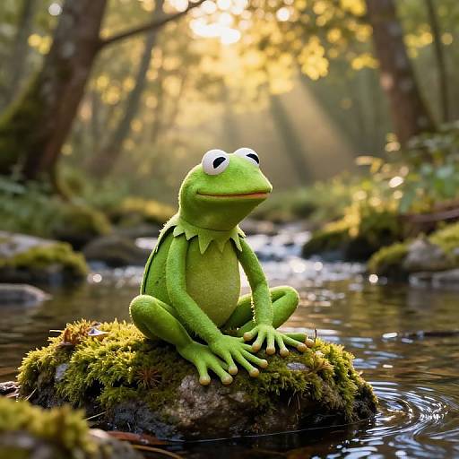 Photograph of Kermit the Frog, green with white eyes, sitting on a moss-covered rock in a sunlit forest stream.