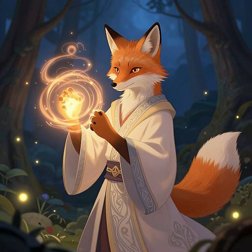 Anthropomorphic fox in white, ornate robe casts glowing fireball in enchanted forest at night. Digital art with detailed fur and mystical lighting.