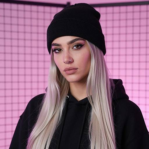 Woman with Platinum Blonde Hair in Black Beanie