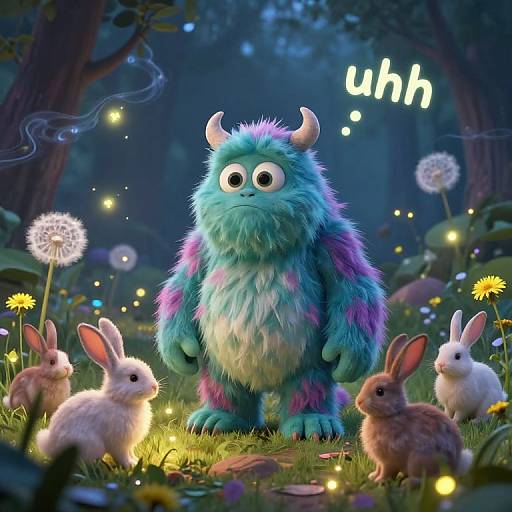 Digital artwork of a fluffy, blue-purple monster with horns, standing in a magical forest at night, surrounded by glowing fireflies and white rabbits, with