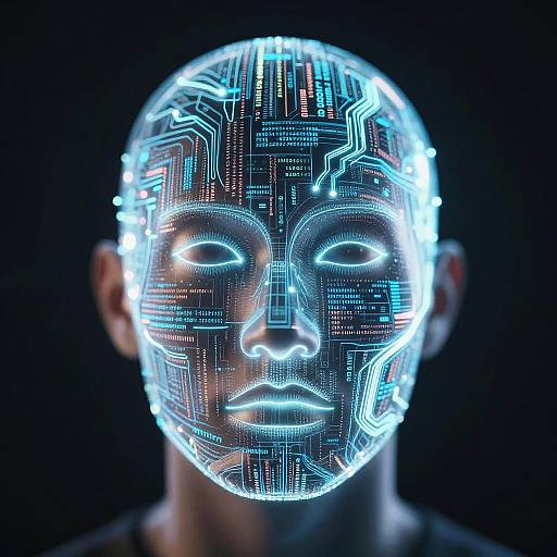 Photorealistic digital image of a person's face illuminated with glowing blue circuitry patterns, against a dark background. Cybernetic, futuristic aesthetic.