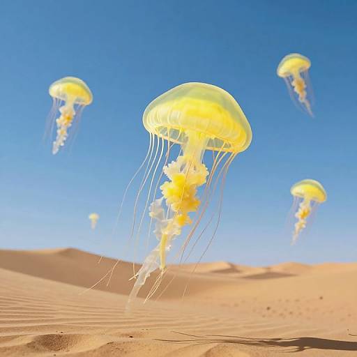 Photograph of bright yellow jellyfish with long, flowing tentacles floating above sandy desert dunes under a clear, vivid blue sky.