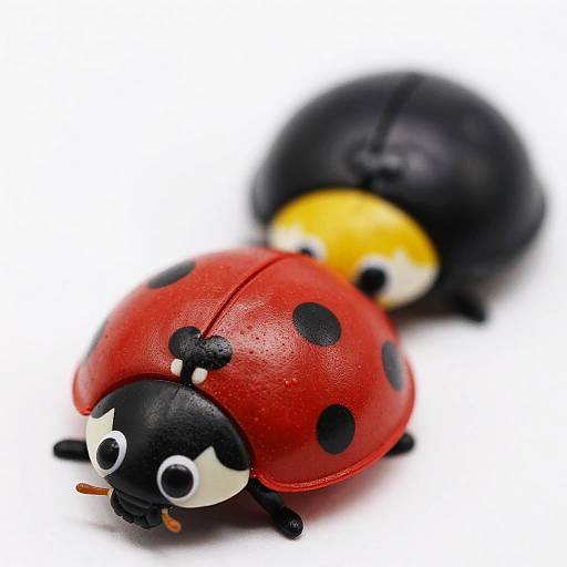 Photograph of two plush ladybugs; one red with black spots, the other black with yellow head, both featuring large, expressive eyes.