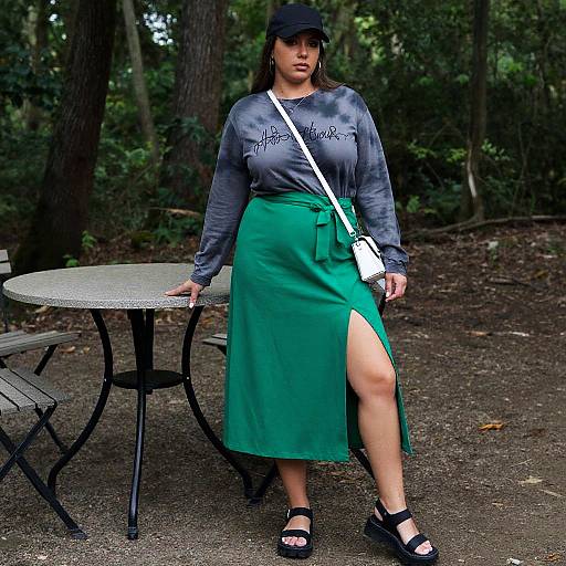 Photograph of a woman in a green skirt with thigh-high slit, gray long-sleeve shirt, black cap, white crossbody bag, black