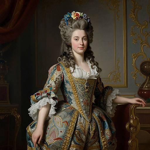 Baroque-style digital portrait of a regal, fair-skinned woman with elaborate gray hair, wearing a detailed, multicolored embroidered gown and floral