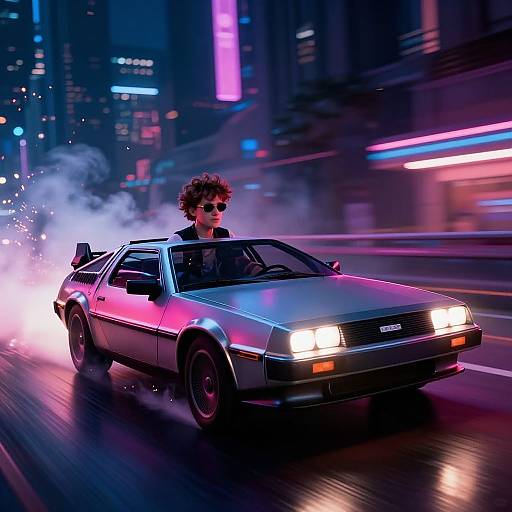 Neon-lit cyberpunk scene: curly-haired man in sunglasses drives a sleek, glowing, retro silver Mustang with bright headlights and smoke trails, speeding
