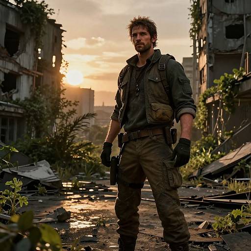 Photorealistic CGI: Muscular, bearded man in tactical gear stands in ruined, sunlit urban ruin at sunset, holding a gun, surrounded