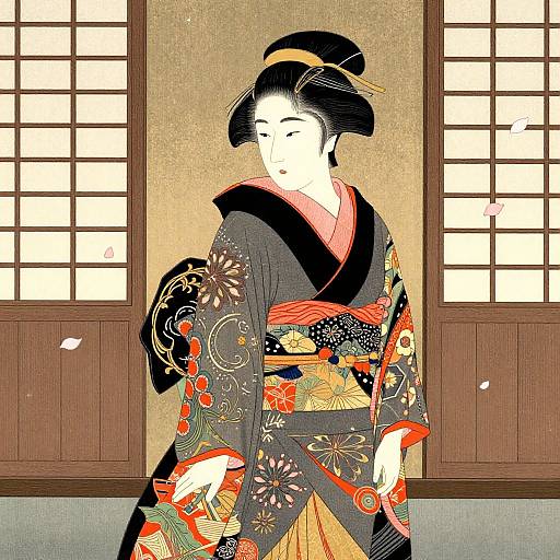 Digital illustration of a serene Japanese geisha in an ornate black and red kimono, standing before traditional shoji screens with cherry blossoms.